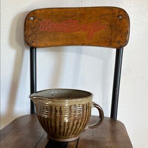 Handmade pottery mixing bowl with handle and pour spout natural glaze